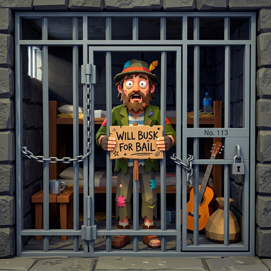 Homeless character in jail cell