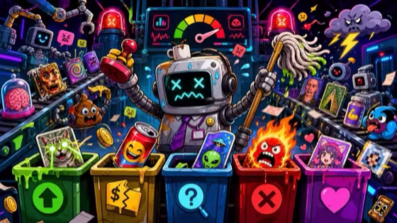 AI Slop Factory robot moderator poster art