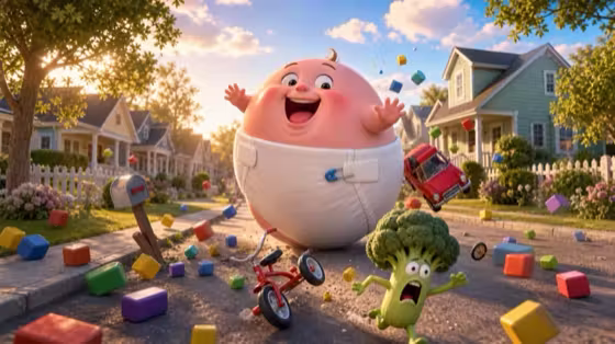 Big Baby Bum cover art — a realistic cartoon diapered baby rolls through a sunny neighborhood while broccoli flees