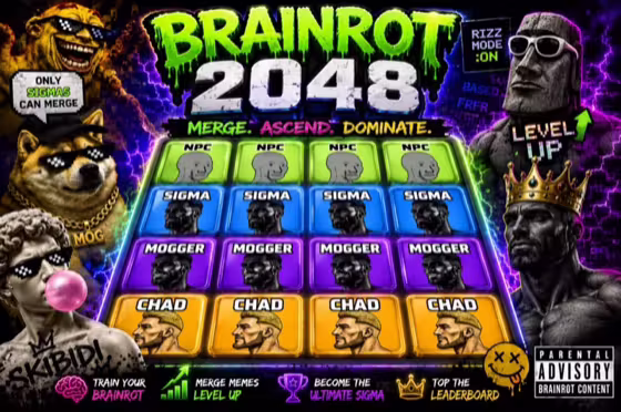 Brainrot 2048 cover art — NPC, Sigma, Mogger and Chad meme tiles