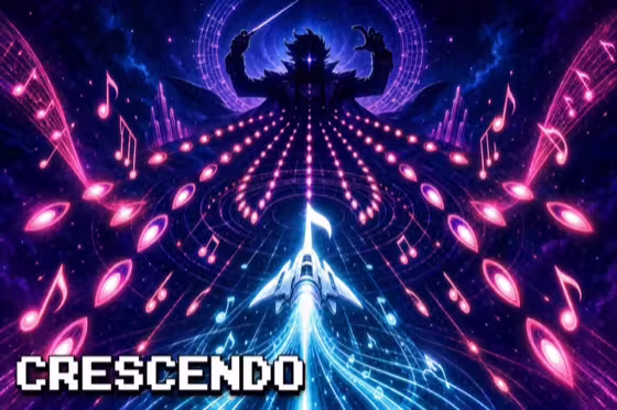Crescendo cover art — a white musical-note spaceship trailing cyan light through rings of pink beat projectiles beneath the silhouette of The Conductor