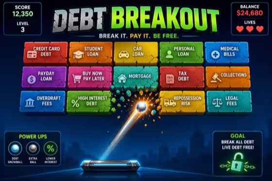 Debt Breakout cover: a payment ball smashing through a wall of debt bricks — credit card, student loan, car loan, mortgage, payday loan, and more.