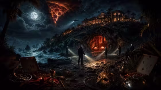 Don't Become Pizza cover art with a moonlit private island, glowing pizza oven, and masked searchlights