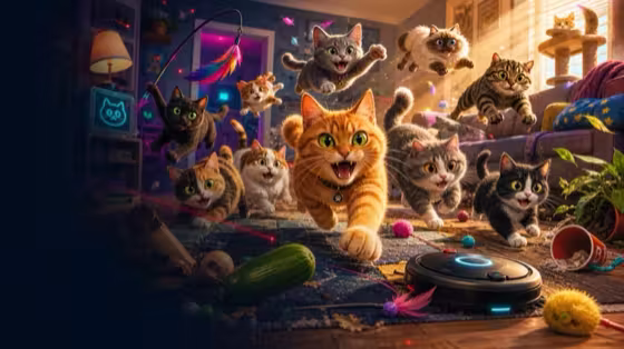 Don't F*ck with Cats cover art with a properly proportioned cat swarm charging through a chaotic living room