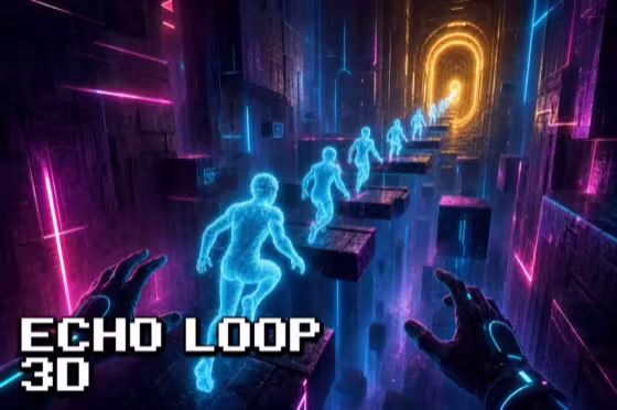 Echo Loop 3D cover art — a first-person view through a neon corridor where translucent cyan echoes form a staircase toward a golden portal