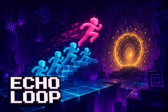 Echo Loop cover art — a hot-pink runner leaping across a staircase of translucent cyan echoes toward a golden portal
