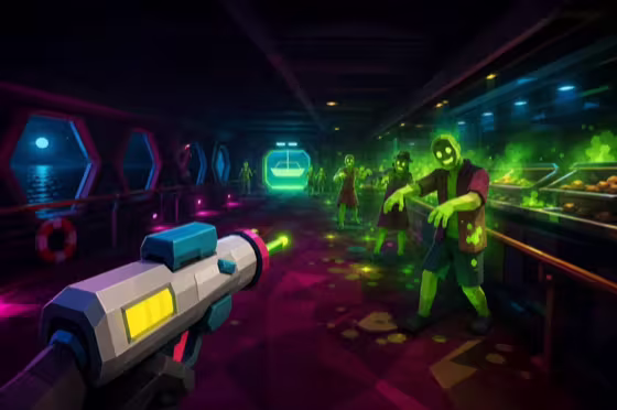 Escape the Poop Cruise low-poly horror FPS poster art with a cure dart blaster and infected cruise corridor