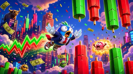 Funny Flappy Stonks cover art with a panicked investor bird, candlestick obstacles, and a jagged stock chart trail