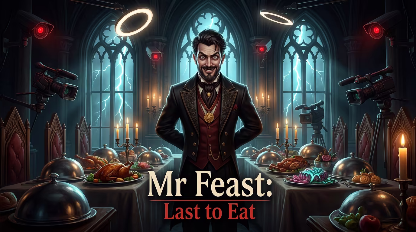 Mr Feast: Last to Eat cover art with the uncanny host, surveillance cameras, and a banquet feast table