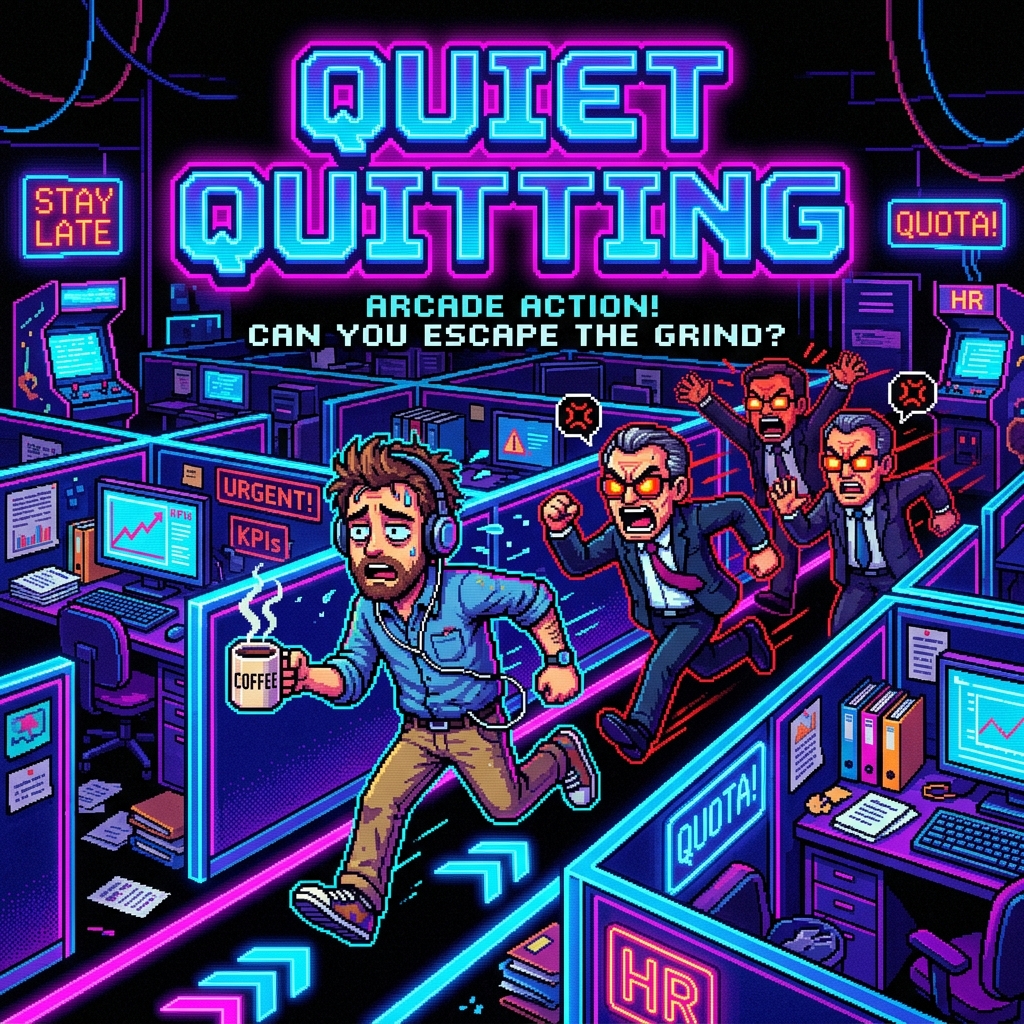 Quiet Quitting arcade key art — worker fleeing corporate managers through neon cubicles