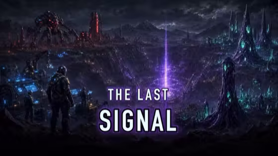 The Last Signal titled key art - three sci-fi factions surround a violet signal beam rising from a vast excavation crater