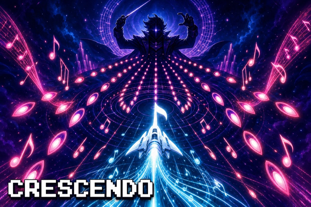 Crescendo cover art — a white musical-note spaceship trailing cyan light through rings of pink beat projectiles beneath the silhouette of The Conductor