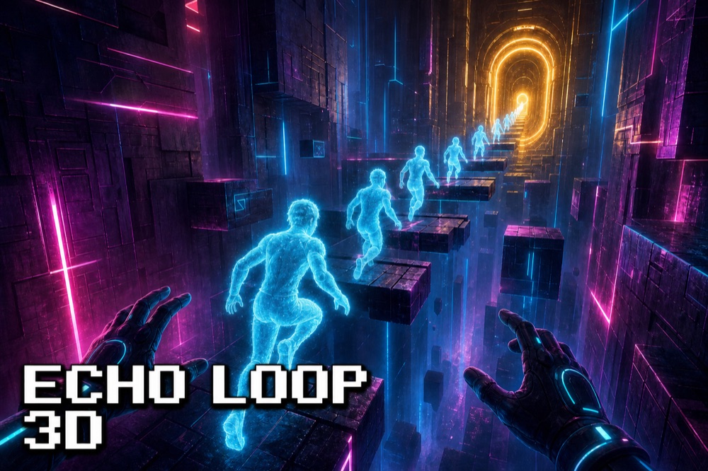 Echo Loop 3D cover art — a first-person view through a neon corridor where translucent cyan echoes form a staircase toward a golden portal