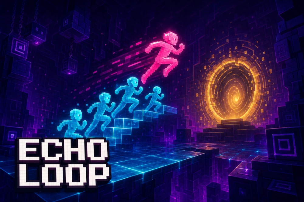 Echo Loop cover art — a hot-pink runner leaping across a staircase of translucent cyan echoes toward a golden portal