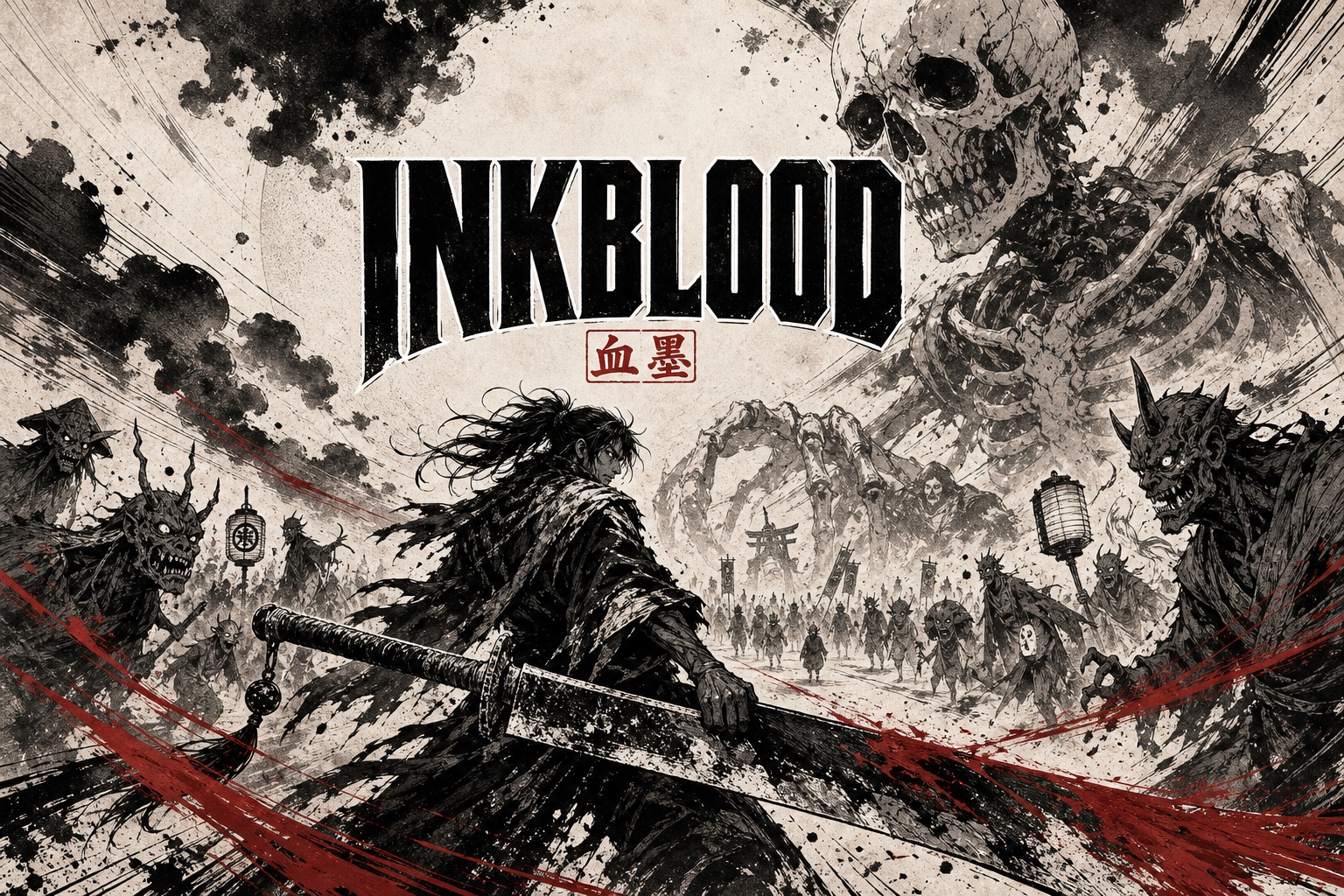 Inkblood cover art: a lone manga swordsman faces a yokai horde beneath a colossal skeleton and crimson ink slashes