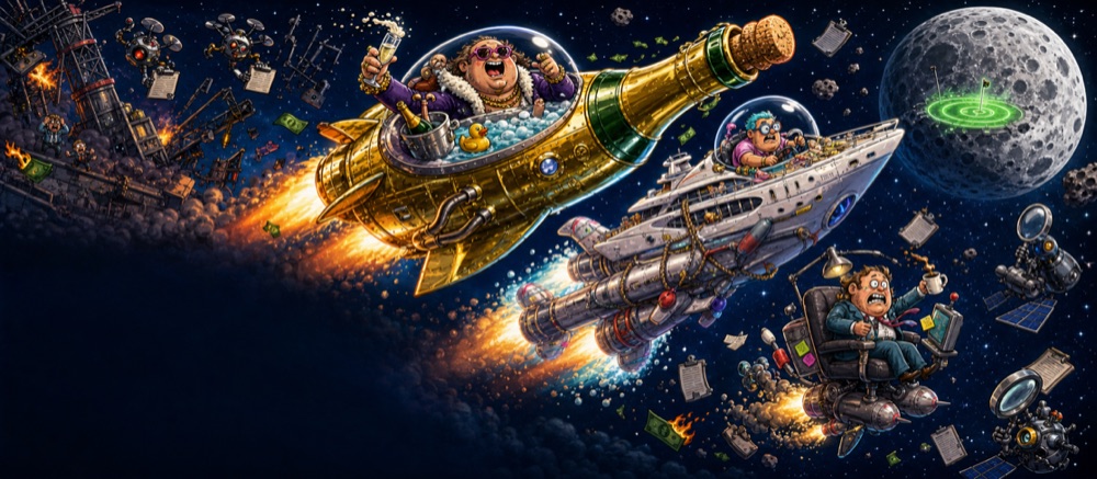 Billionaire Space Race satirical rocket-race poster art