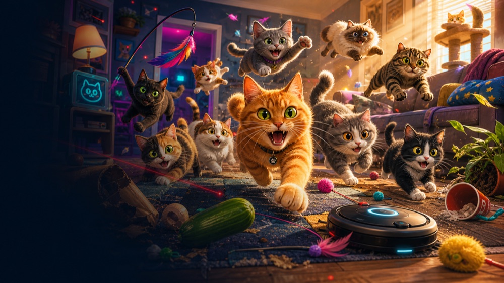Don't F*ck with Cats cover art with a properly proportioned cat swarm charging through a chaotic living room