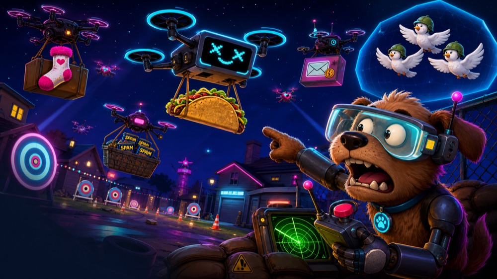 Drone Hunter cover art with a robo-dog spotter, goofy cargo drones, and protected doves