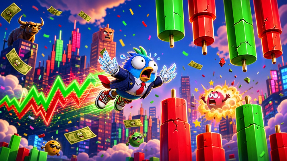 Funny Flappy Stonks cover art with a panicked investor bird, candlestick obstacles, and a jagged stock chart trail