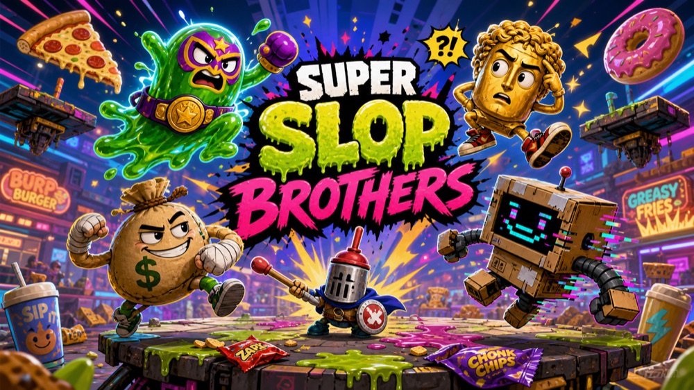 Super Slop Brothers funny arcade cover art with goofy original slop fighters