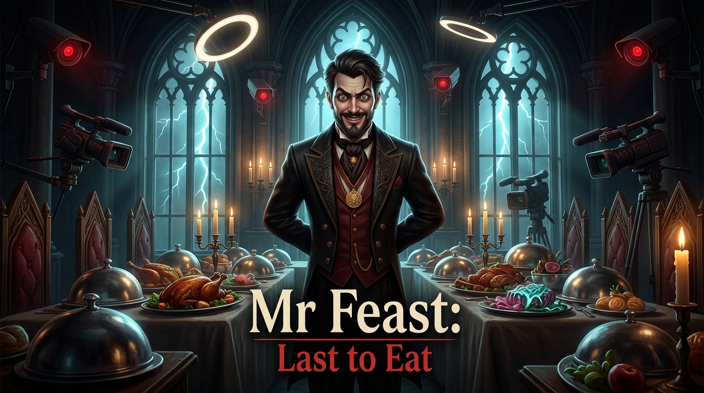 Mr Feast: Last to Eat cover art with the uncanny host, surveillance cameras, and a banquet feast table