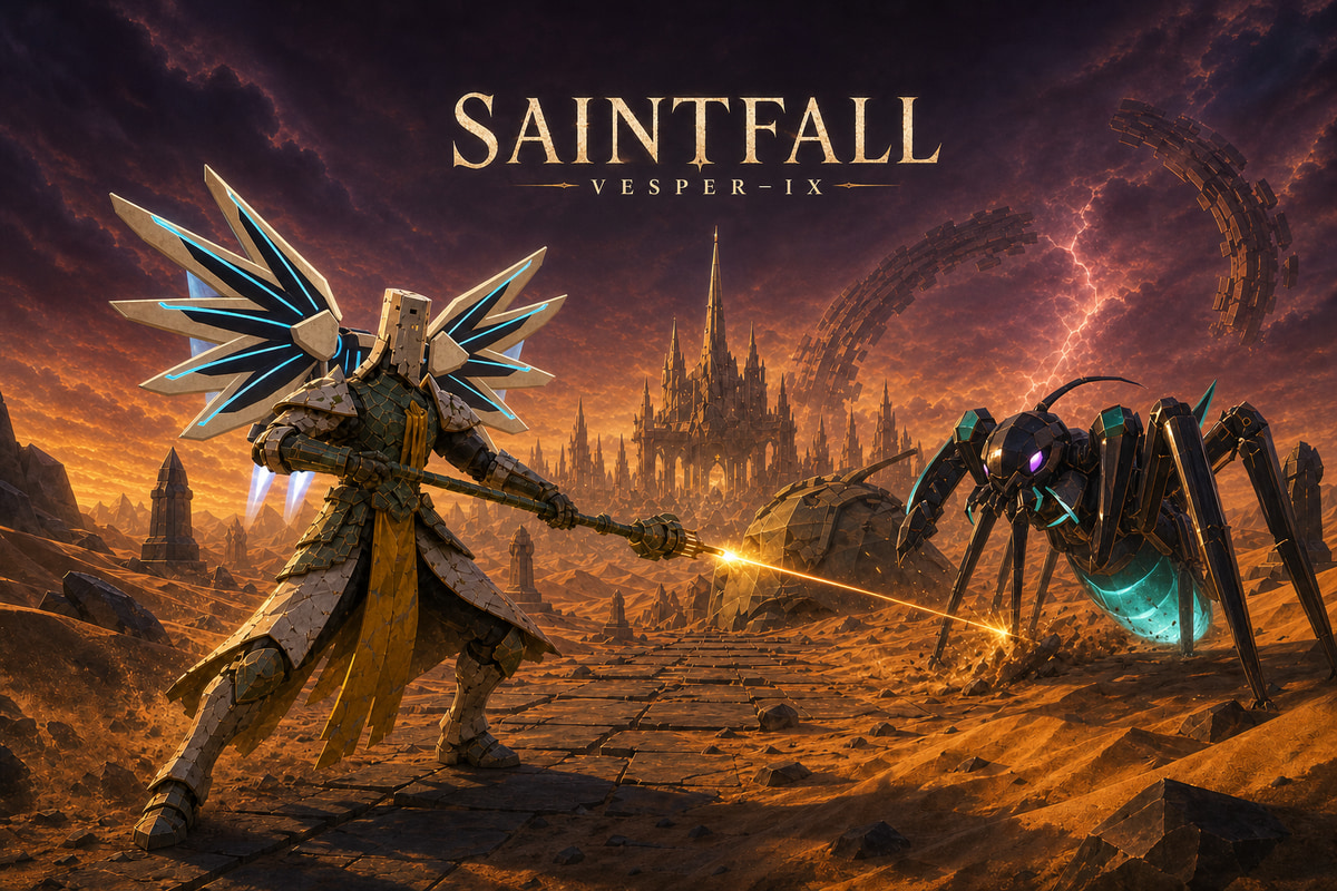 Saintfall cover art: a winged ivory reliquary knight battles a cyan-lit Bloom Matriarch on the road to a storm-wreathed desert cathedral
