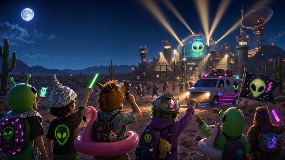 Storm Area 51 generated poster art with a fictional desert base, raiders, a van, searchlights, and a cute alien
