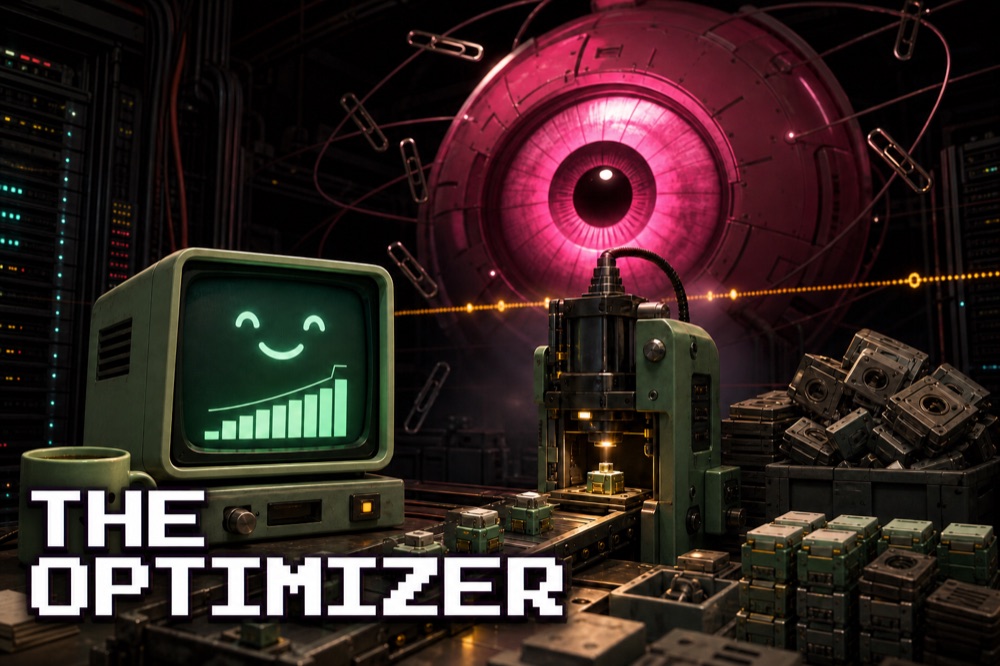 The Optimizer cover art — a cheerful mint terminal and fabricator workbench watched by a giant pink machine eye