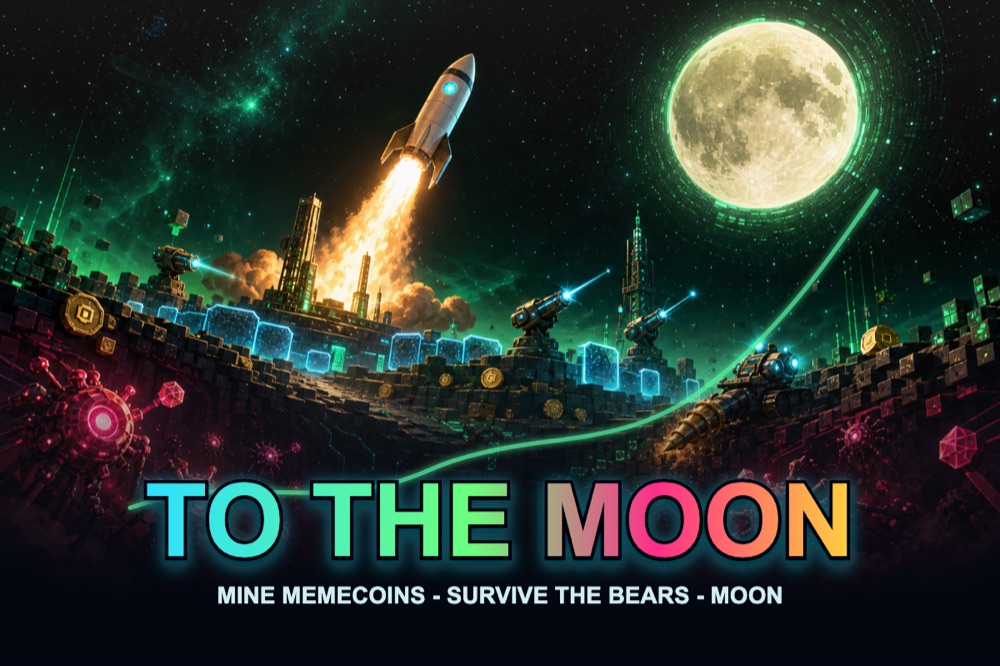 To The Moon cover art with a rocket launching toward a glowing moon over a digital mining world